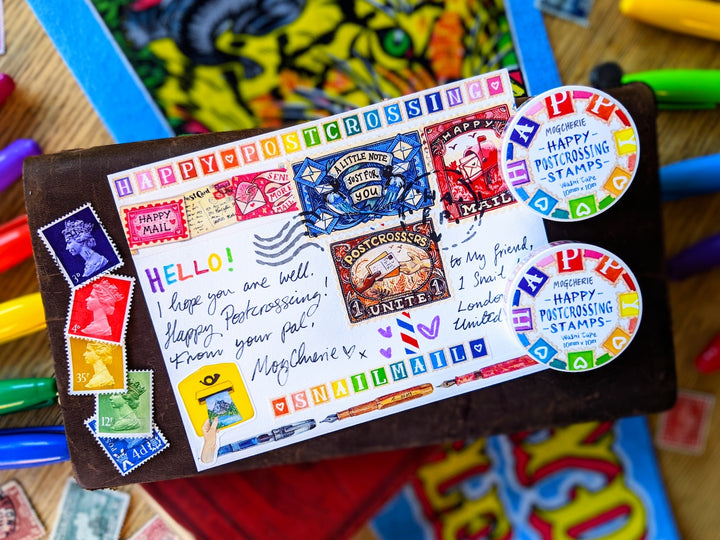 MogCherie - Washi Tape - Happy Postcrossing Stamps  - (Rainbow) 10mm x 10m