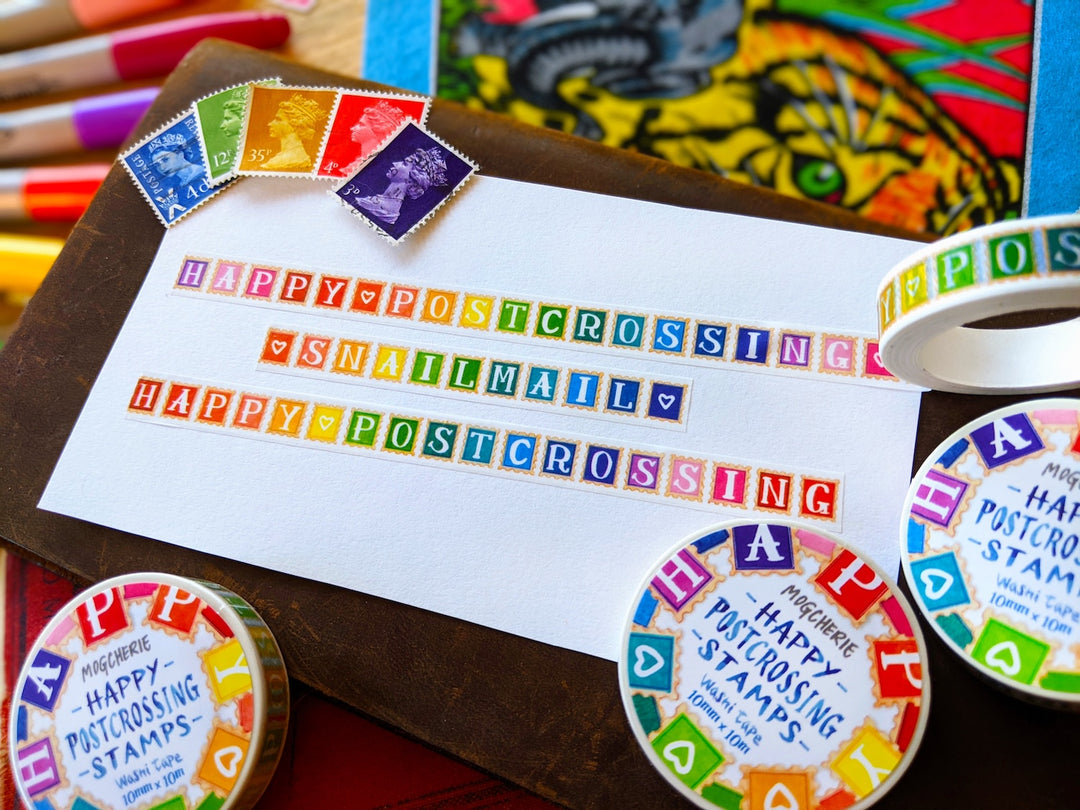 MogCherie - Washi Tape - Happy Postcrossing Stamps  - (Rainbow) 10mm x 10m