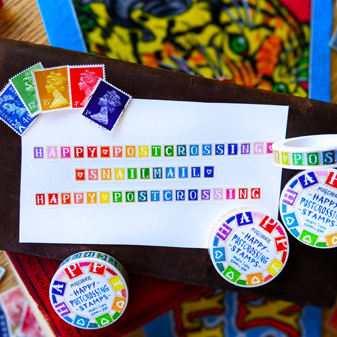 MogCherie - Washi Tape - Happy Postcrossing Stamps  - (Rainbow) 10mm x 10m