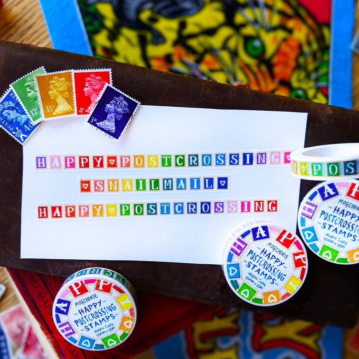 MogCherie - Washi Tape - Happy Postcrossing Stamps  - (Rainbow) 10mm x 10m
