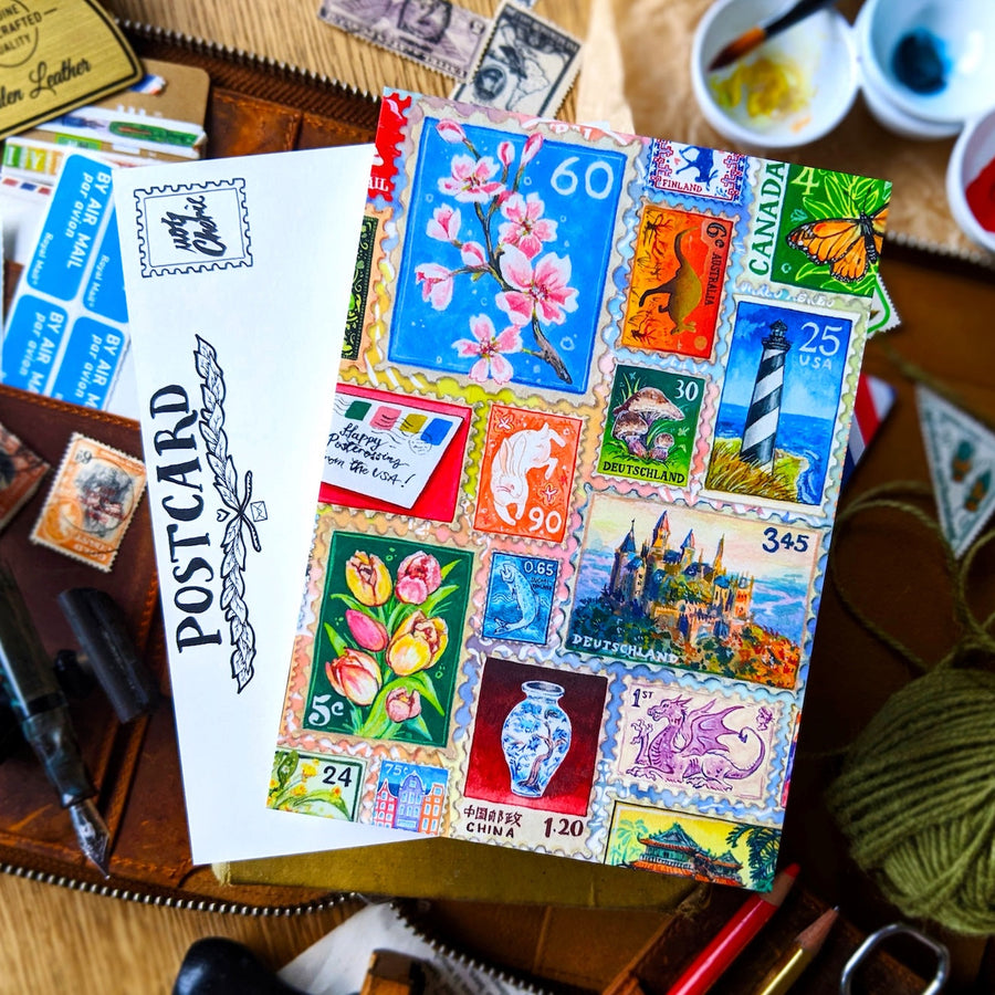 MogCherie - Postcard - (MATTE) World Postage Stamps Collection