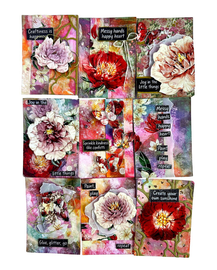 Set of colorful floral cards with motivational phrases on a white background
