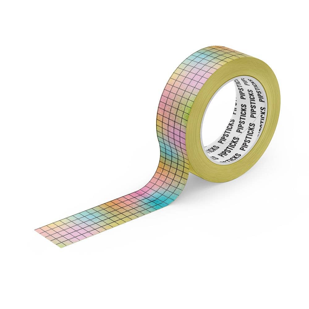 Colorful grid-patterned tape with a brand name on a white background