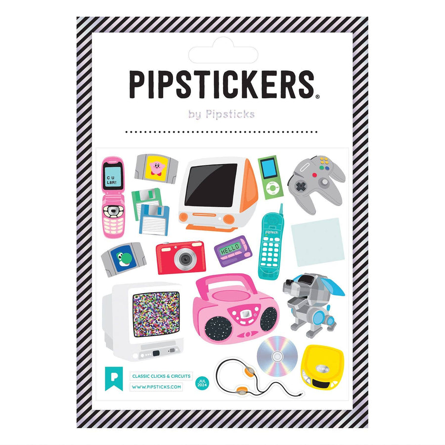 Packaging of Pipstickers with various retro-themed stickers on a white background