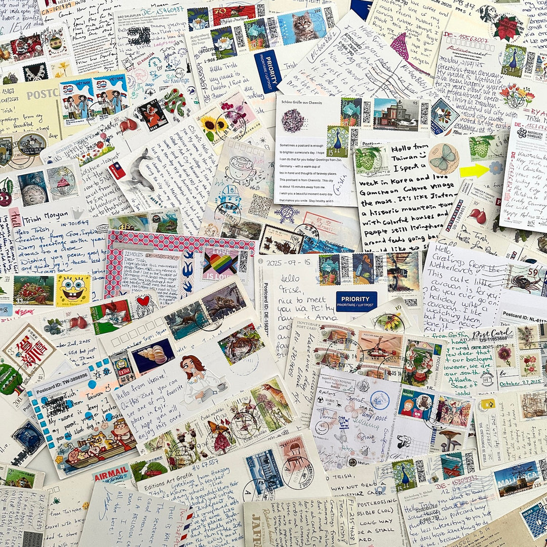 Collection of the written sides of various postcards with different designs and stamps.