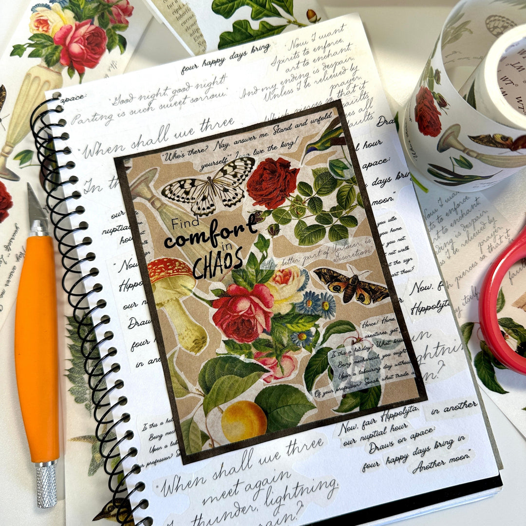 a vintage style journal page using Romeo's roses washi tape by the washi tape shop.