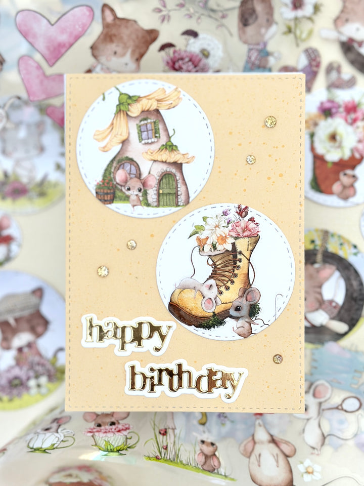 Birthday card with squeaky mischief mice and shoe, surrounded by more illustrations from the same PET tape