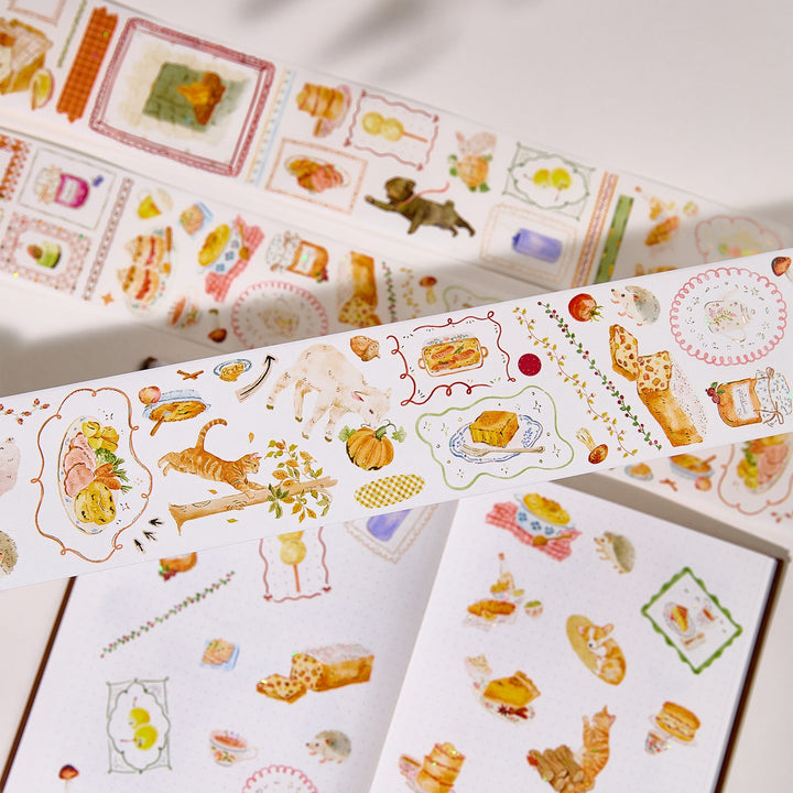 The Washi Tape Shop Autumn Pantry Wide Washi/PET Tape strips and peeled pieces arranged on a white page