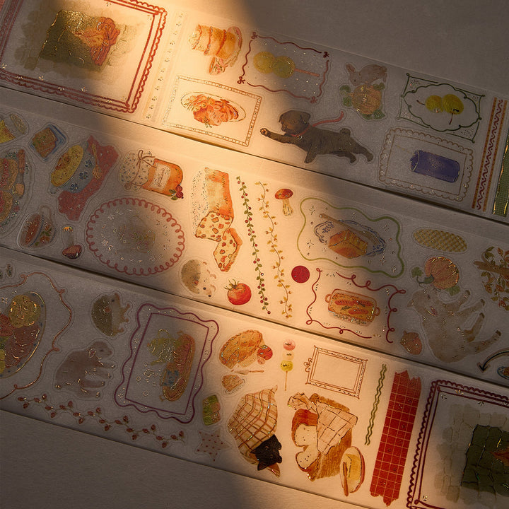 The Washi Tape Shop Autumn Pantry Wide Washi/PET Tape laid out in warm sunlight, showing the seashell gilded edges