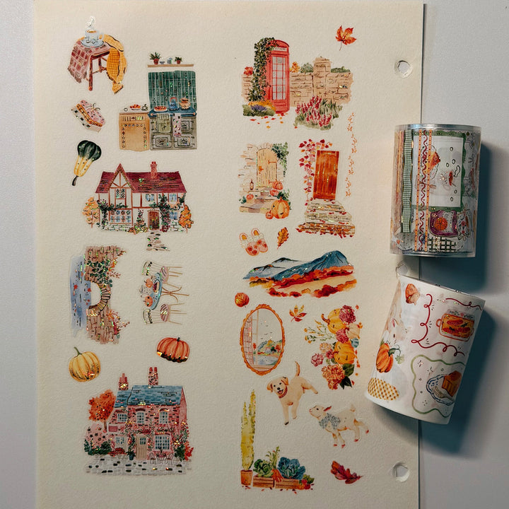 Journal page decorated with pieces from The Washi Tape Shop Autumn Village Wide Washi/PET Tape