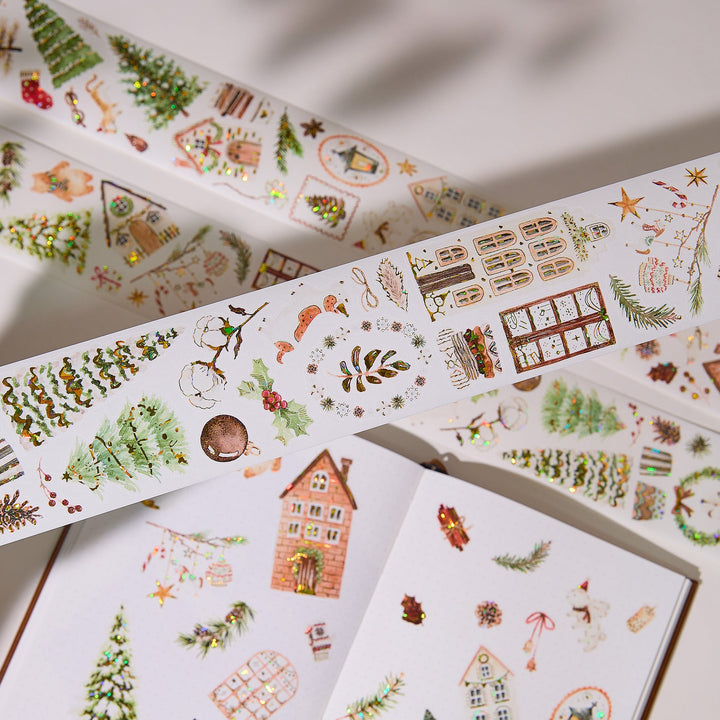 The Washi Tape Shop Holiday Hamlet Wide Washi/PET Tape strips and peeled pieces arranged on a white page