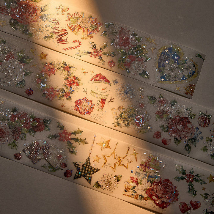 The Washi Tape Shop Holly Bloom Wide Washi/PET Tape laid out in warm sunlight, showing the seashell gilded roses
