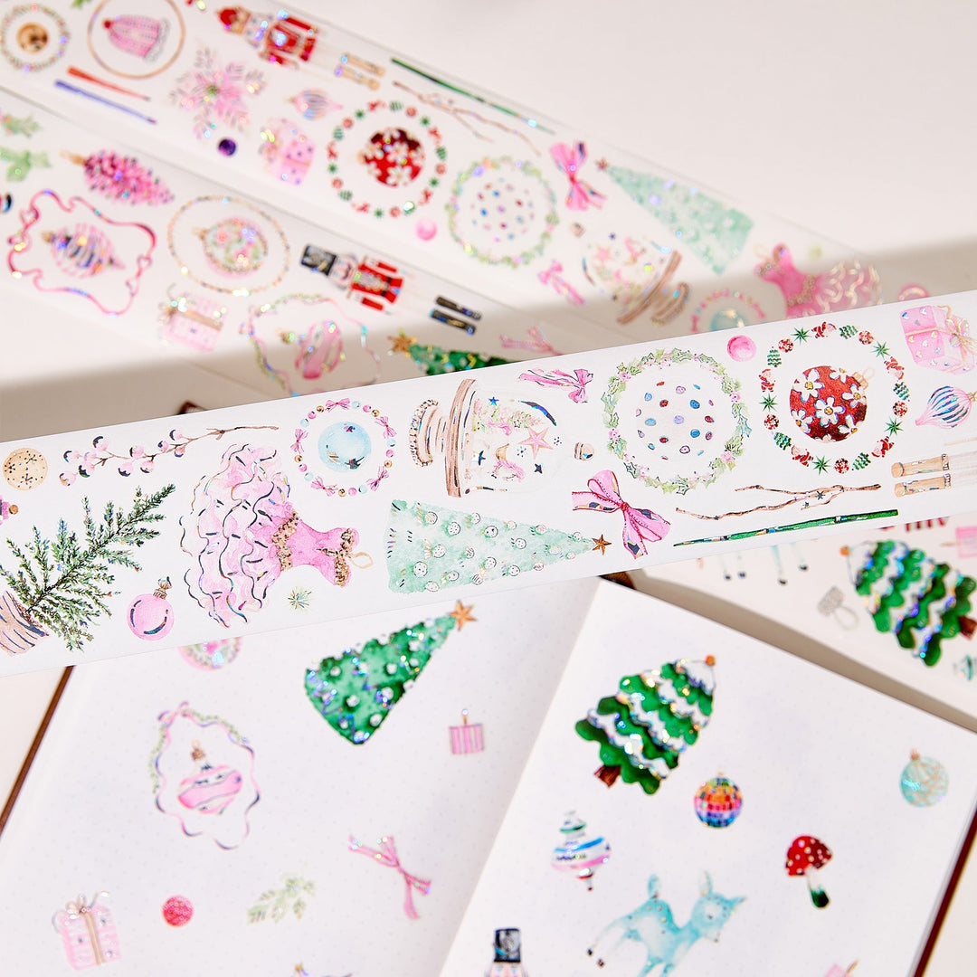 The Washi Tape Shop Pink Frost Wide Washi/PET Tape strips and peeled pieces arranged on a white page