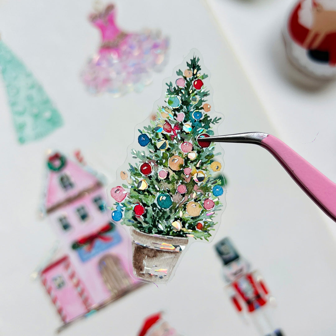 Single pre-cut piece from The Washi Tape Shop Pink Frost Wide Washi/PET Tape with its seashell gilded gingerbread cottages