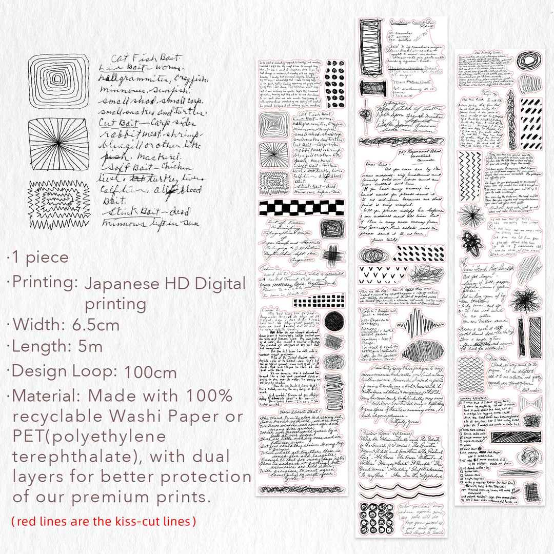 Full design loop and specifications for The Washi Tape Shop Scribbled Thoughts Wide Washi/PET Tape