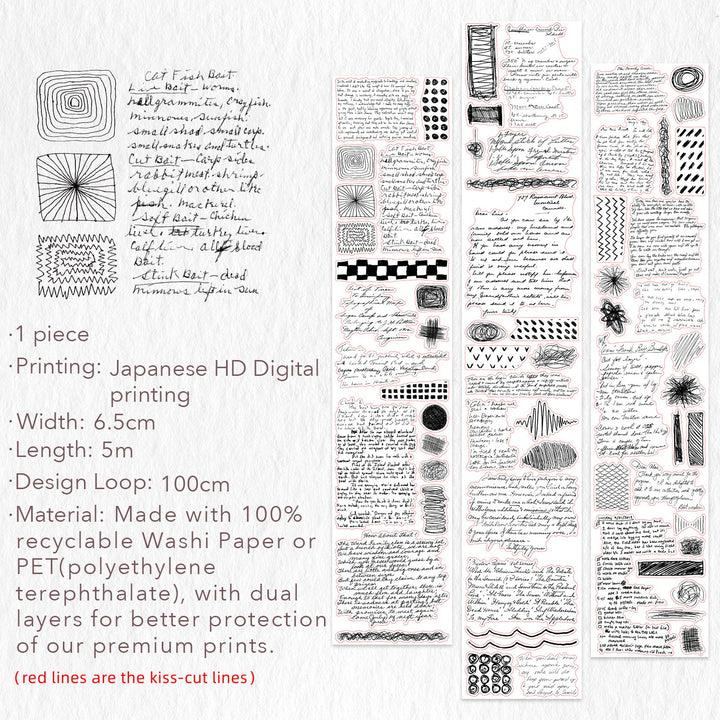 Full design loop and specifications for The Washi Tape Shop Scribbled Thoughts Wide Washi/PET Tape