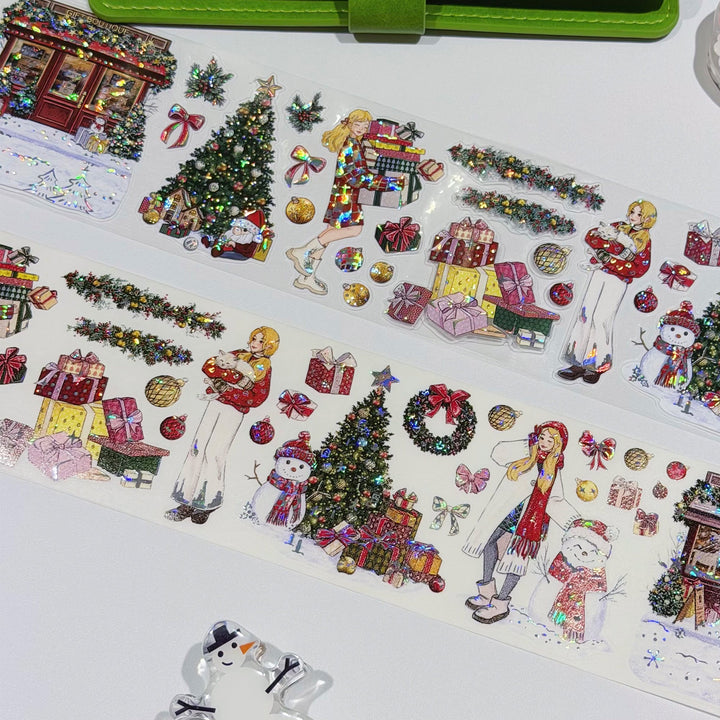The Washi Tape Shop Yuletide Village Wide Washi/PET Tape strips and peeled pieces arranged on a white page