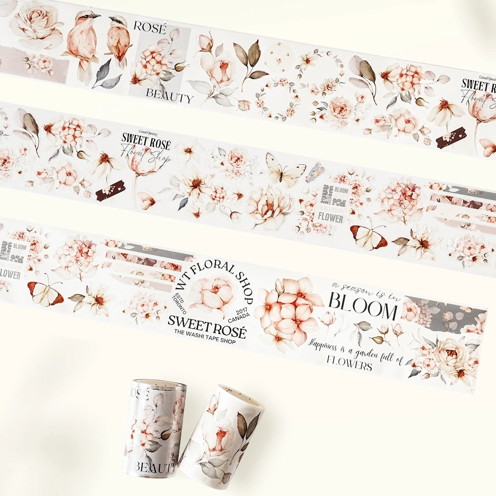 Pre cut washi/PET tape from the washi tape shop sweet rose design laid out
