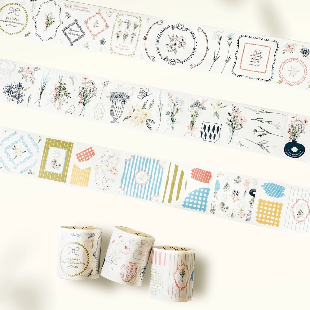 Decorative tape with various patterns and designs on a white background
