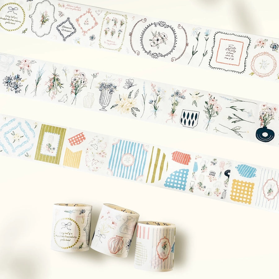 Decorative tape with various patterns and designs on a white background