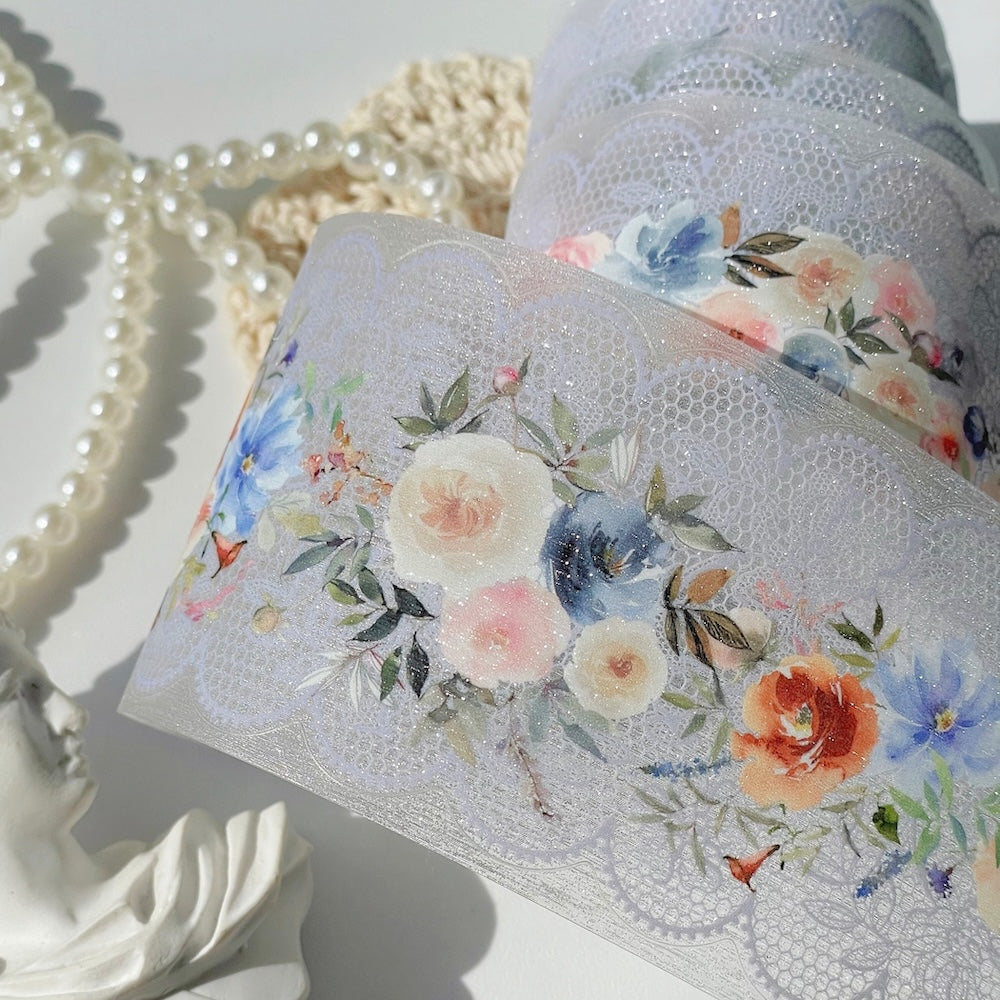 Floral lace PET tape with colourful flowers on a white background