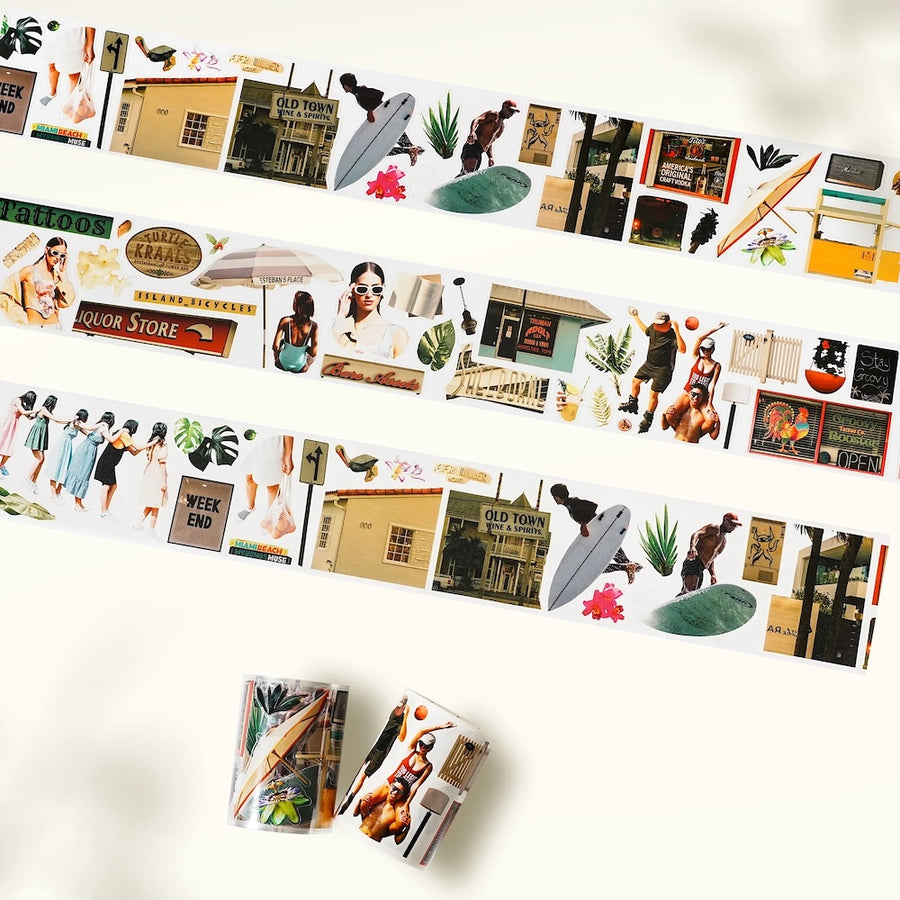 Miami surf beach style images on washi tape on a white background