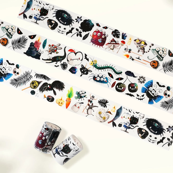 Halloween themed decorative tape with various monster designs on a white background
