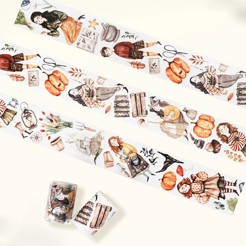 Autumn themed washi tape with illustrations on a white background