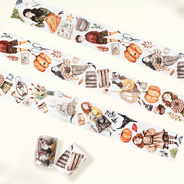 Autumn themed washi tape with illustrations on a white background