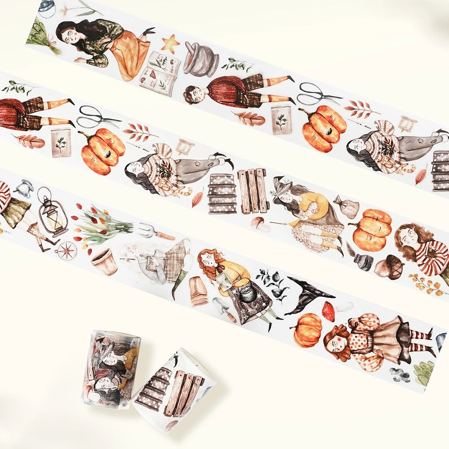 Autumn themed washi tape with illustrations on a white background