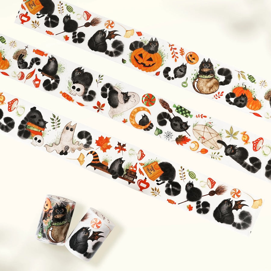 washi tape with cats and halloween icons on a white background
