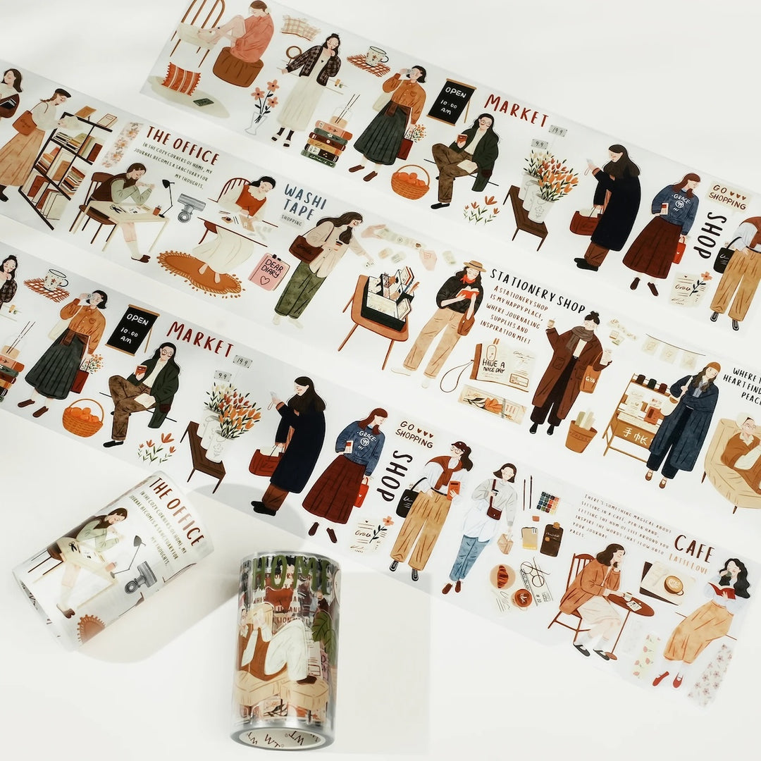 Collection of illustrated stickers on a roll with similar designs on a white background