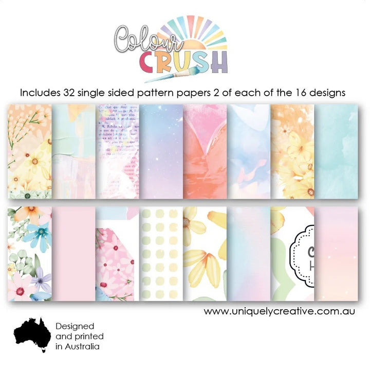 Collection of patterned paper sheets with 'Colour Crush' branding on a white background.