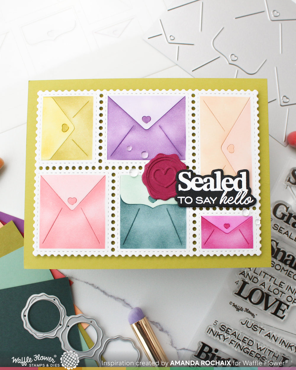 Waffle FLOWER postage collage envelopes stencil card by Amanda