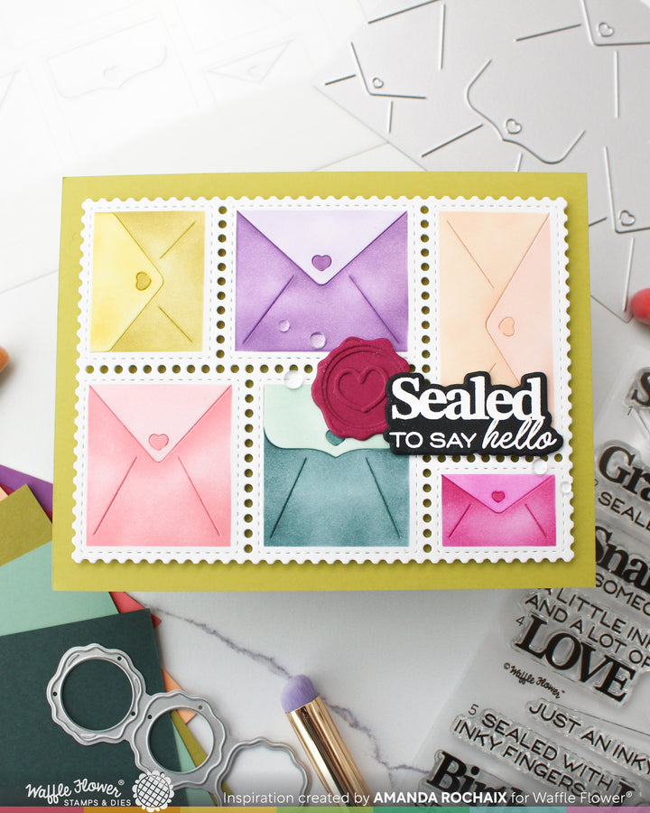 Waffle FLOWER postage collage envelopes stencil card by Amanda