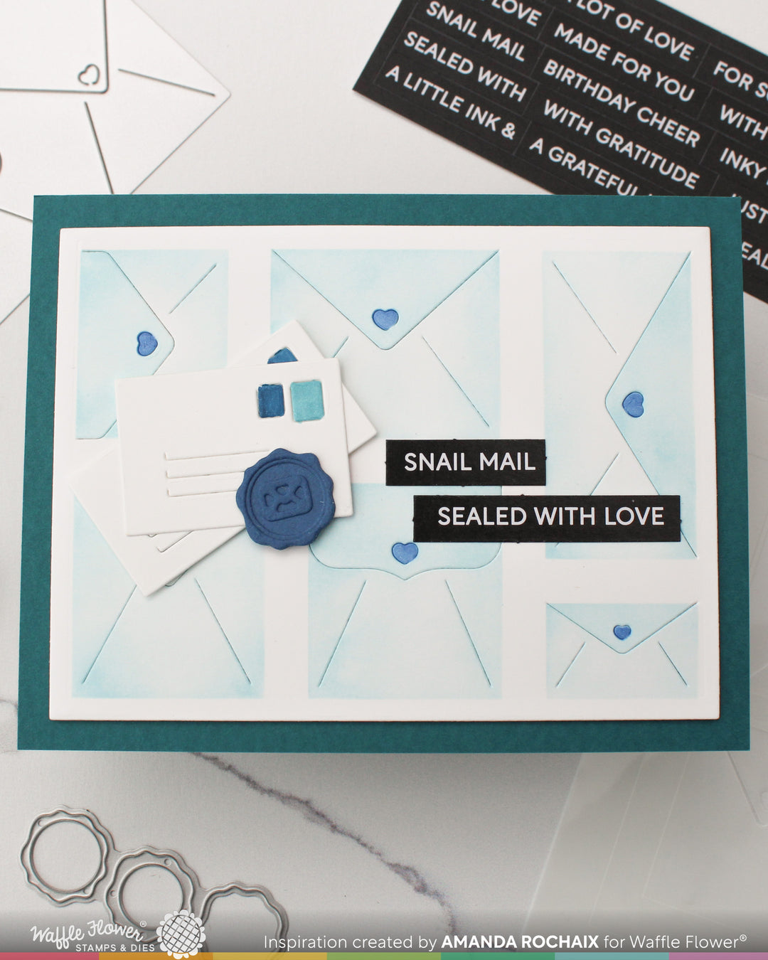 Waffle FLOWER, postage collage envelopes, die card example sealed with love by Amanda