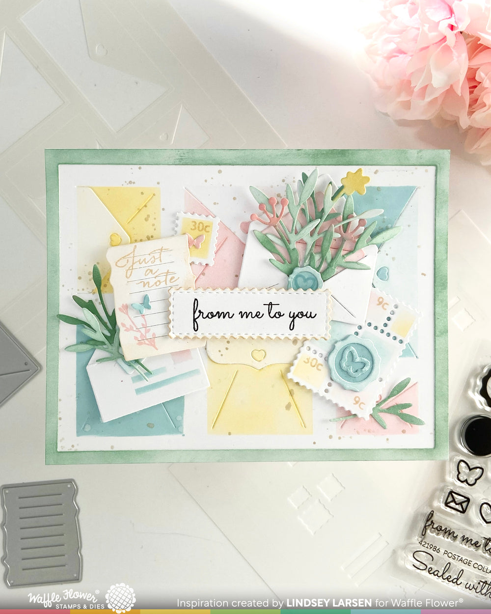 Waffle FLOWER postage collage mini seals die card example by Lindsey