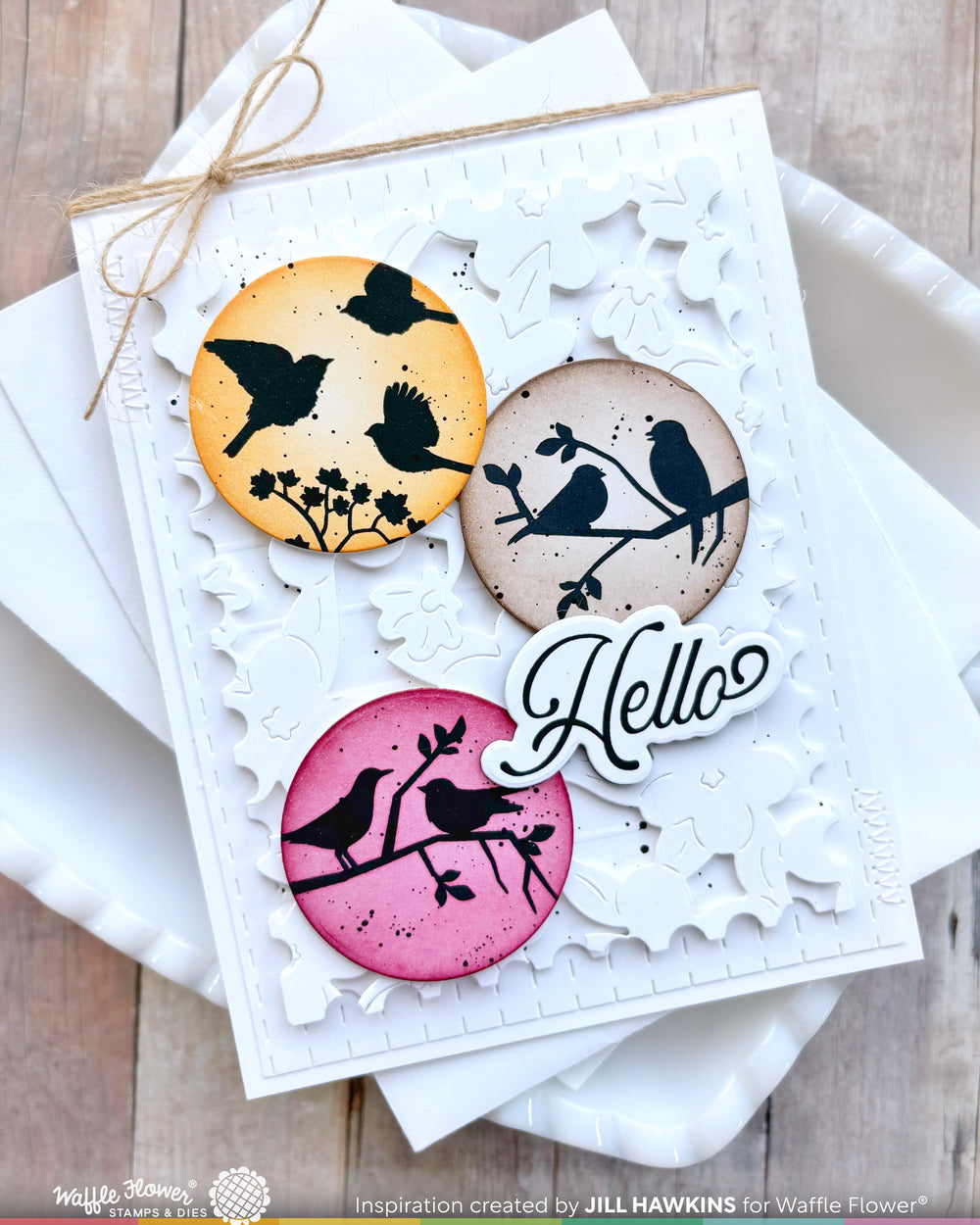 Waffle FLOWER wild birds silhouette Stamp set card example by Jill Hawkins