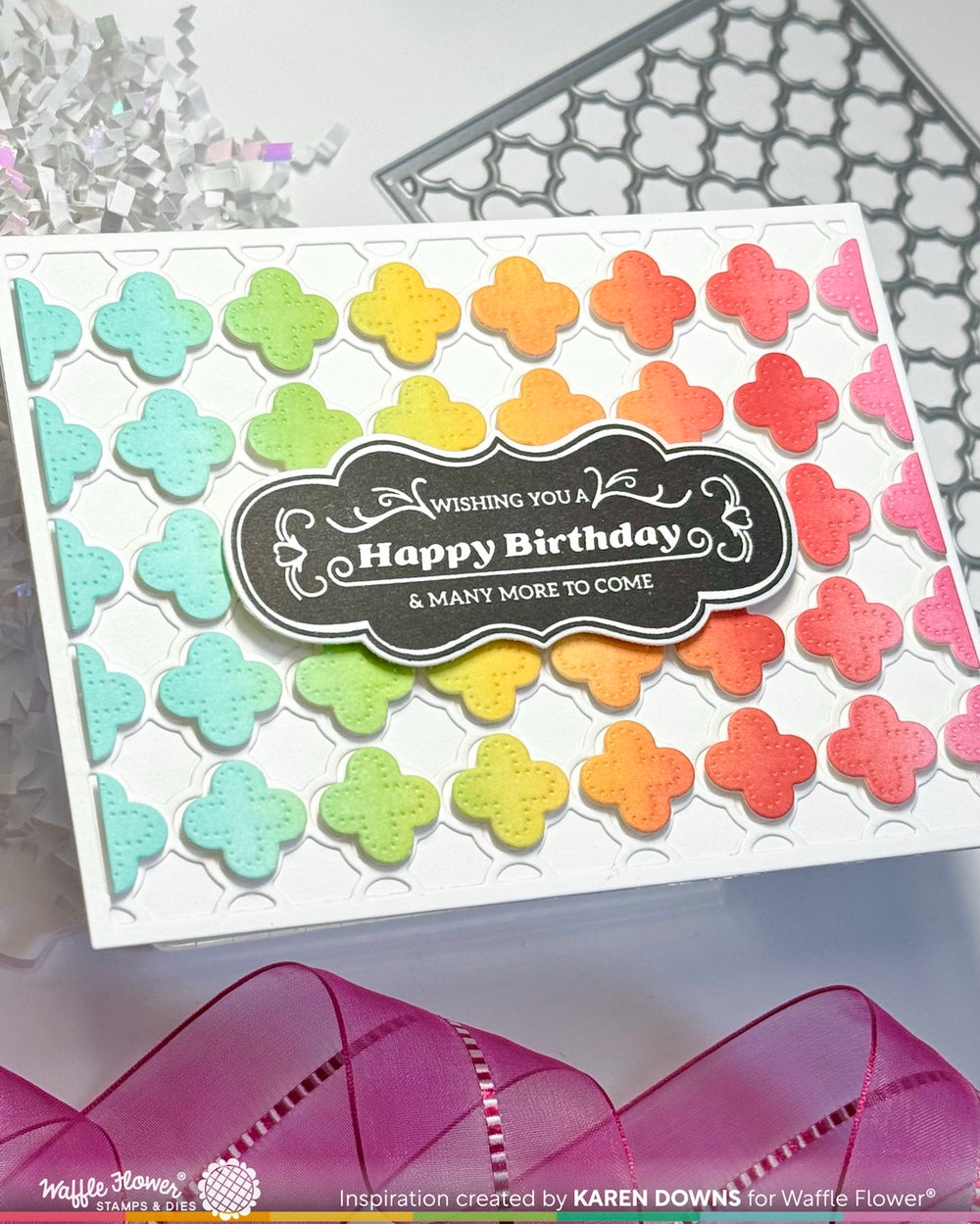 Colorful flower-patterned card with 'Happy Birthday' text, featuring Waffle Flower branding.