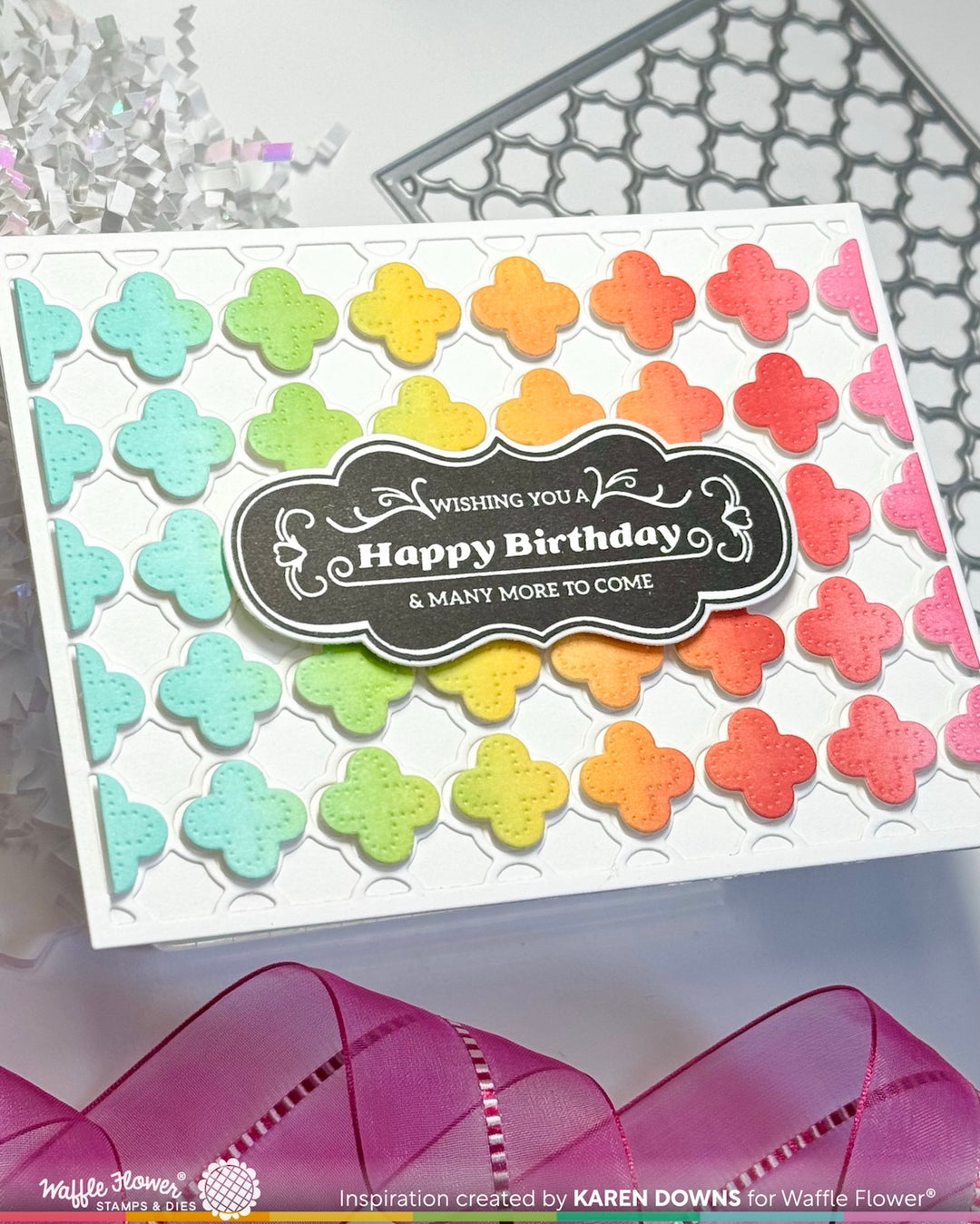 Colorful flower-patterned card with 'Happy Birthday' text, featuring Waffle Flower branding.