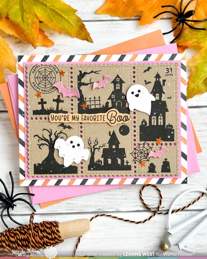 Waffle Flower Postage Collage Haunted House Silhouette Stamp Set - handmade card project by Leanne