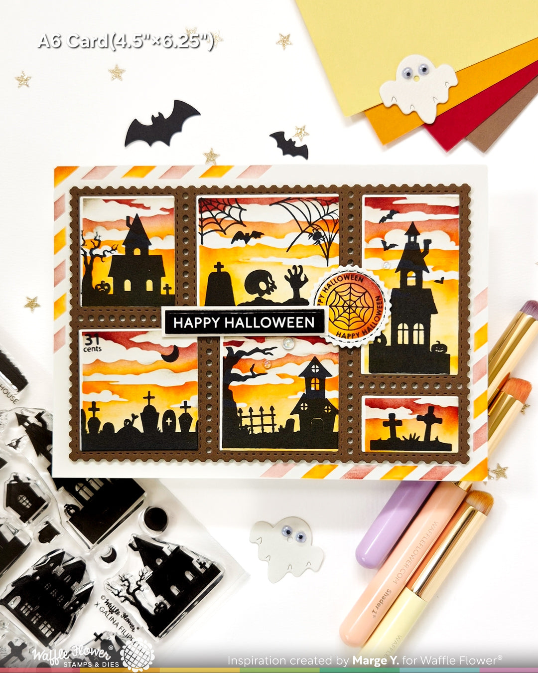 Waffle Flower Postage Collage Haunted House Silhouette Stamp Set - handmade card project by Marge
