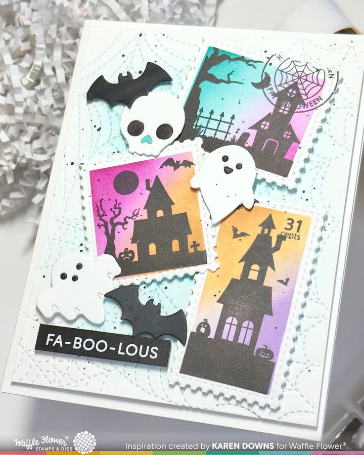 Waffle Flower Postage Collage Haunted House Silhouette Stamp Set - handmade card project by Karen