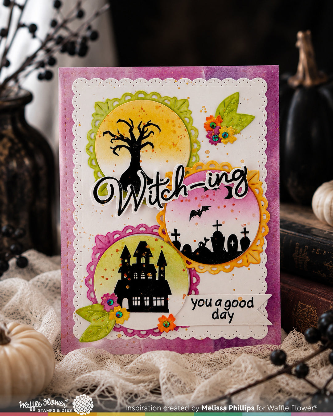 Waffle Flower Postage Collage Haunted House Silhouette Stamp Set - handmade card project by Melissa