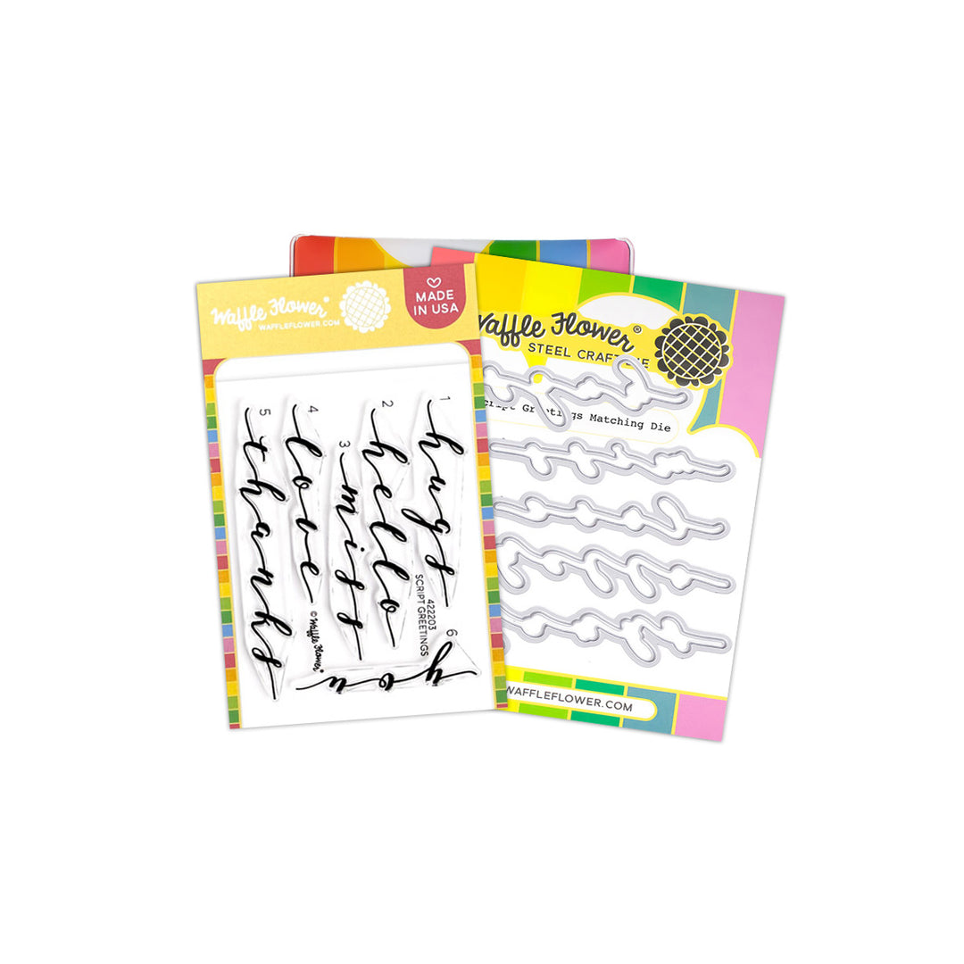 Waffle Flower-Script Greetings Stamp & Die Combo-WFC2203