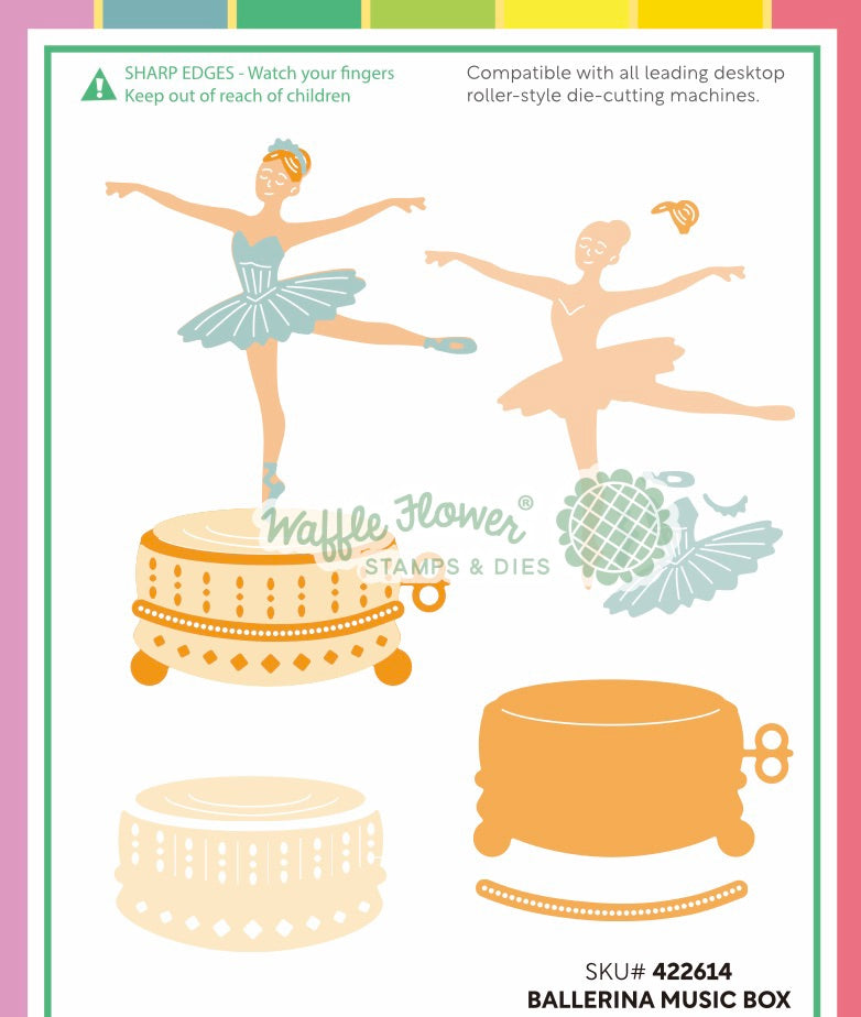 Waffle Flower Ballerina Music Box Die pieces shown assembled and coloured in