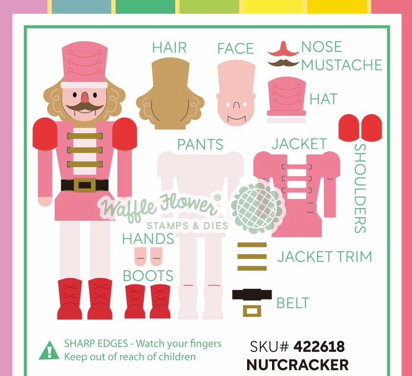 Waffle Flower Nutcracker Die pieces shown assembled and coloured in