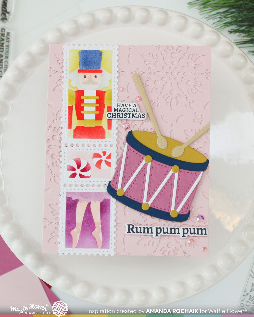 Project made with the Waffle Flower Postage Collage Nutcracker Stencil by Amanda