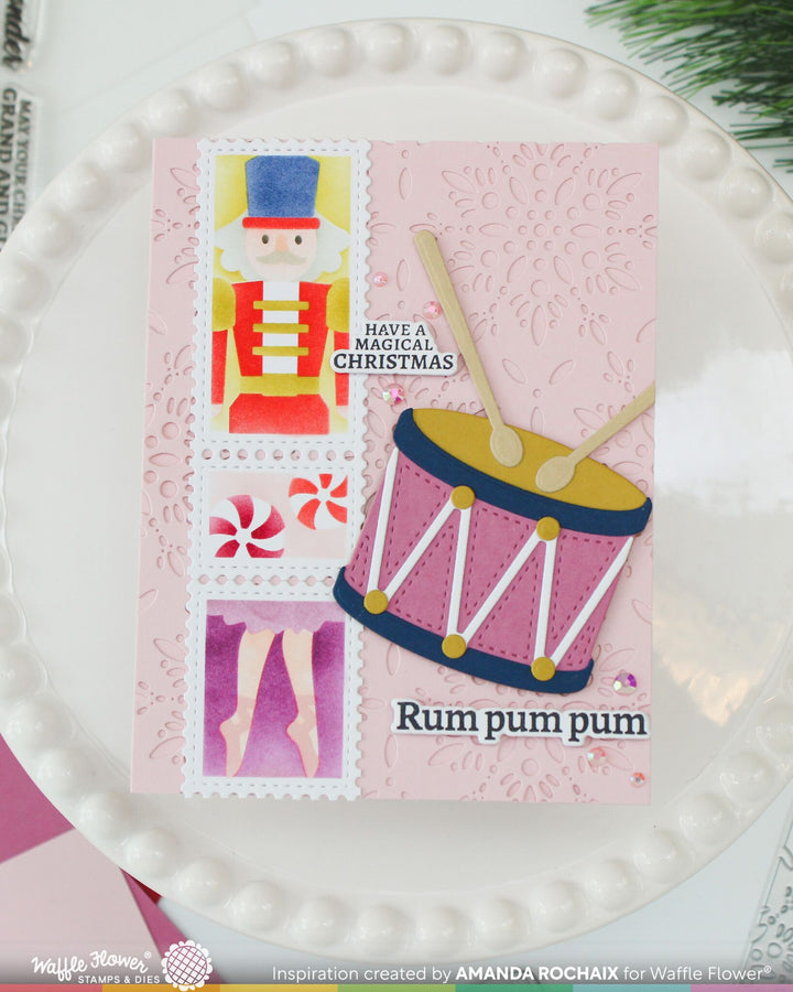 Project made with the Waffle Flower Postage Collage Nutcracker Stencil by Amanda