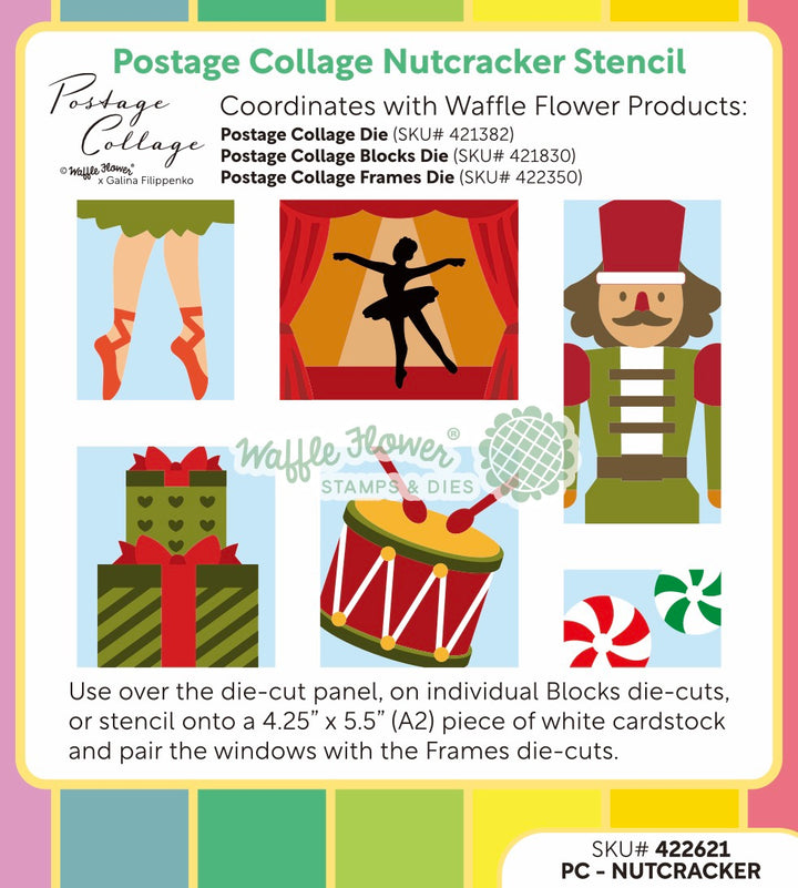Waffle Flower Postage Collage Nutcracker Stencil pieces shown assembled and coloured in